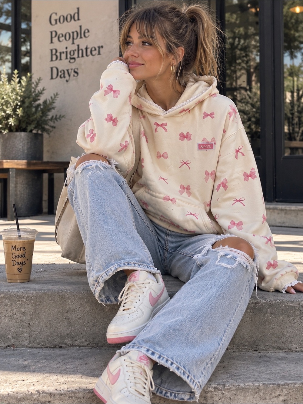AMPERSAND AVE Pink Bow Hoodie Sweatshirt-XS
